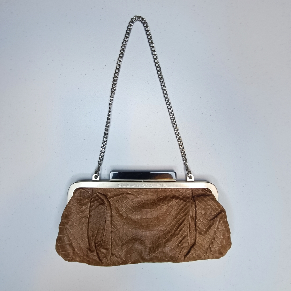 BCBGMaxAzria Leather Snake Embossed Textured Brown Clutch with Chain Strap